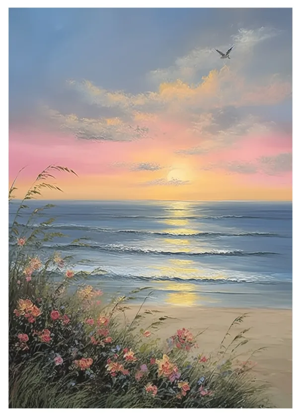 Hand-Painted Sunrise Over Ocean Waves Textured Oil Painting