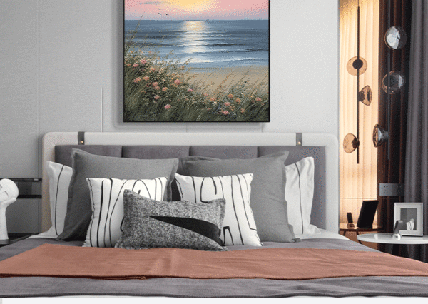 Hand-Painted Sunrise Over Ocean Waves Textured Oil Painting